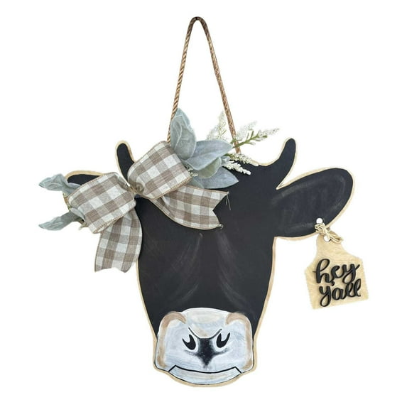 Farmhouse Rustic Cow Head Door Wreath With Buffalo Plaid Burlap Bow, Wooden Calf Wall Hanger For Front Door Indoor Outdoor Home Cafe Restaurant Decor
