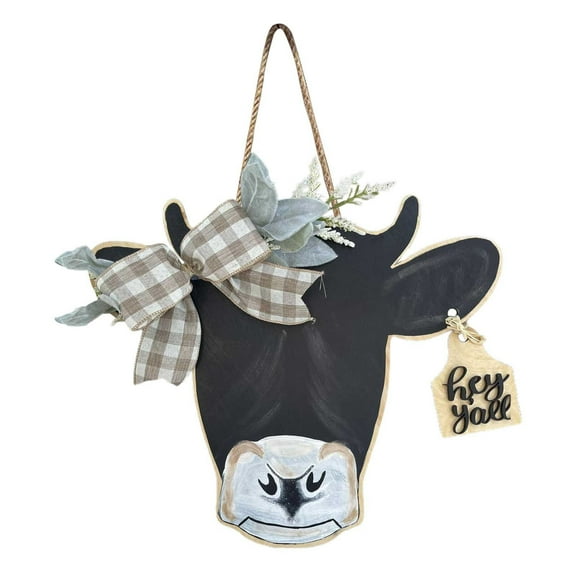 Farmhouse Rustic Cow Head Door Wreath With Buffalo Plaid Burlap Bow, Wooden Calf Wall Hanger For Front Door Indoor Outdoor Home Cafe Restaurant Decor