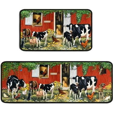 Farmhouse Rustic Cow Kitchen Rug 2 Pieces Set, Washable Non-Slip Kitchen Sink Rustic Decor Carpet, Home Water Absorb Microfiber Cushioned Kitchen Floor Standing Mats 17"x47"+17"x30"