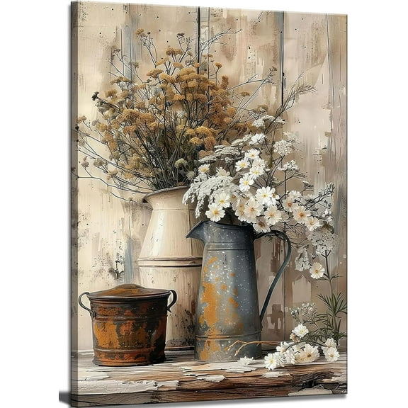 Farmhouse Rustic Daisy Canvas Wall Art Vintage Country Floral Posters Print White Jasmine Flowers and Rust Color Watering Can Wall Decor Picture for Living Room Bedroom Bathroom Decoration