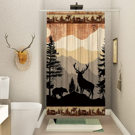 Farmhouse Rustic Deer Small Shower Stall Curtain Size 36" x 72", Forest Woodland Cabin Narrow Stand up Shower Curtains for Bathroom Decor Polyester Fabric Set