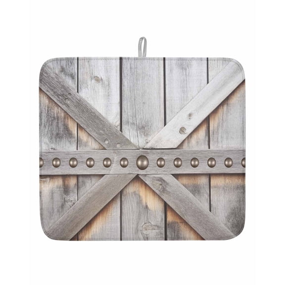 Farmhouse Rustic Dilapidated Wooden Door Dish Drying Mats for Kitchen Counter,Absorbent Microfiber Dish Drainer Rack Mat Barn Metal Rivets Drying Pad for Sinks,Utensils,Countertops,16x18in
