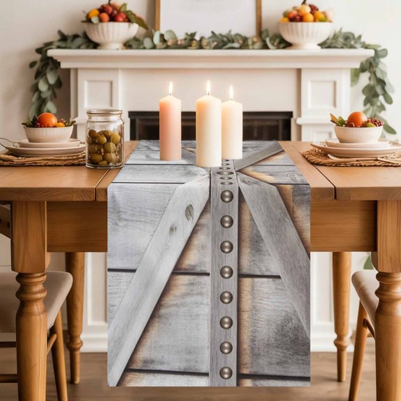 Farmhouse Rustic Dilapidated Wooden Door Table Runner 70 Inches Long,Kitchen Dining Tablerunners Barn Metal Rivets Linen Table Runners Dresser Scarves for Home Dinner Wedding Holiday Party Decor