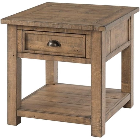 Farmhouse Rustic End Table, Solid Pine Wood Coastal Side Table with Drawer and Shelf. Reclaimed Natural.
