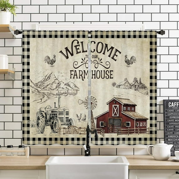 Farmhouse Rustic Farm Kitchen Window Curtains 2 Panels 27.5W x 39H Rod Pocket Plaid Buffalo Barn Rooster Small Short Door Decor Bathroom Drapery Treatment