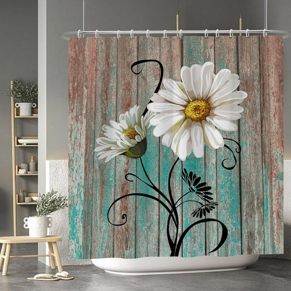 Farmhouse Rustic Floral Shower Curtain White Flower Vintage Wooden Shower Curtains for Farmland Countryside Bathroom Bathtubs Decors Waterproof Fabric Shower Curtain with Hooks 72x72 Inches