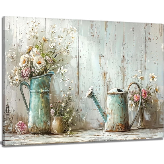 Farmhouse Rustic Flower Bathroom Canvas Wall Art White Jasmine and Rust Color Watering Can Wall Decor Picture Vintage Daisy Floral Posters Print for Bathroom Toilet Washroom Lavatory Home Decoration