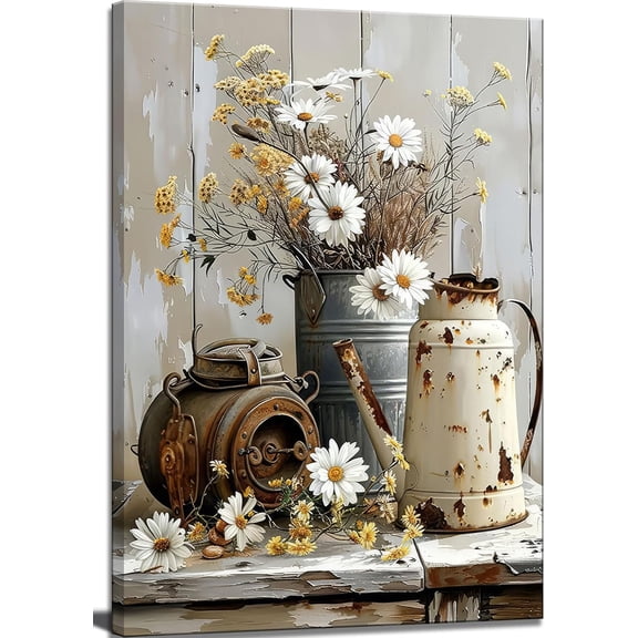 Farmhouse Rustic Flower Bathroom Canvas Wall Art White Jasmine and Rust Color Watering Can Wall Decor Picture Vintage Daisy Floral Posters Print for Bathroom Toilet Washroom Lavatory Home Decoration