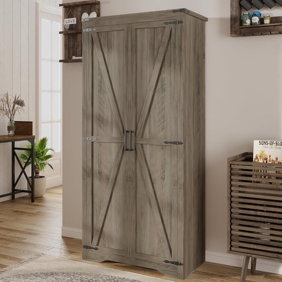 Farmhouse Rustic Grey Storage Cabinet with Adjustable Shelves, Large Pantry Organize with 2 Barn Doors, Tall Freestanding Cabinet for Kitchen, Bathroom, Garage, Living, Utility Room