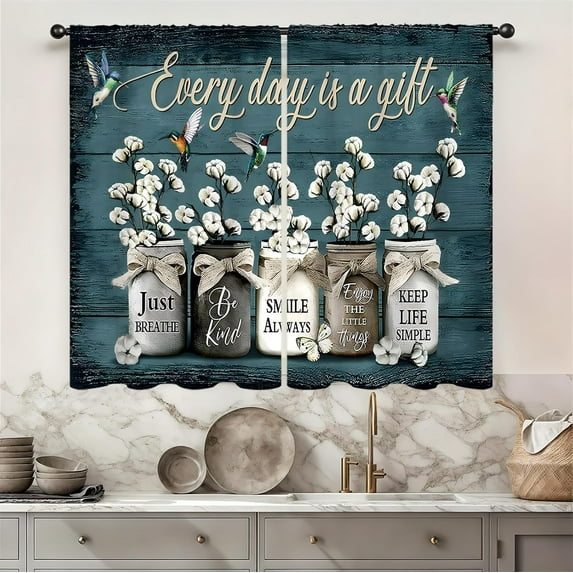 Farmhouse Rustic Kitchen Curtain Rod Pocket Vintage Blue Country Retro Wood Plank Cotton Floral Small Short Cafe Tier Bathroom Curtain Window Treatment Drape Decor(27.5W X 39L Inch 2 Panels)