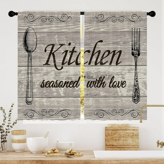 Farmhouse Rustic Kitchen Curtains Brown Vintage Fork Spoon Retro Small Short Cafe Window Curtains Country Farm Wooden Rod Pocket Bathroom Window Drapes Treatment Tier Curtains (27.5x39 Inch)