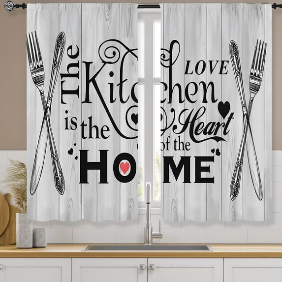 Farmhouse Rustic Kitchen Curtains Rod Pocket Vintage Grey Country Retro Fork Spoon Small Short Cafe Tier Curtains Wooden Plank Window Drapes Treatment Home Decor(27.5W X 39L Inch 2 Panels)