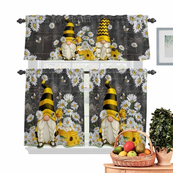 Farmhouse Rustic Kitchen Curtains Valances 3 Piece Set, Gnome Daisy Bee Retro Black Background Rod Pocket Tier Curtain and Valance Drapes for Small Window 24 Inch Length for Bedroom Cafe