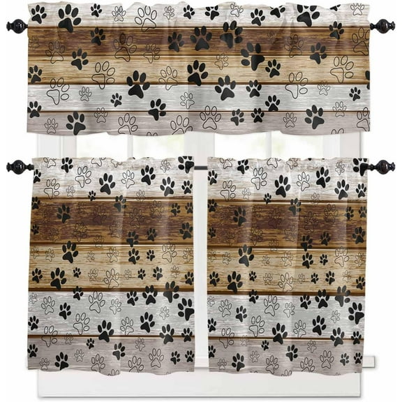 Farmhouse Rustic Kitchen Curtains and Valances Set, Rod Pocket Curtains Tier for Bedroom Living Room Cafe 24 Inch Length, American Pet Footprints Wooden Brown Kitchen Curtains for Window 3 Piece Set