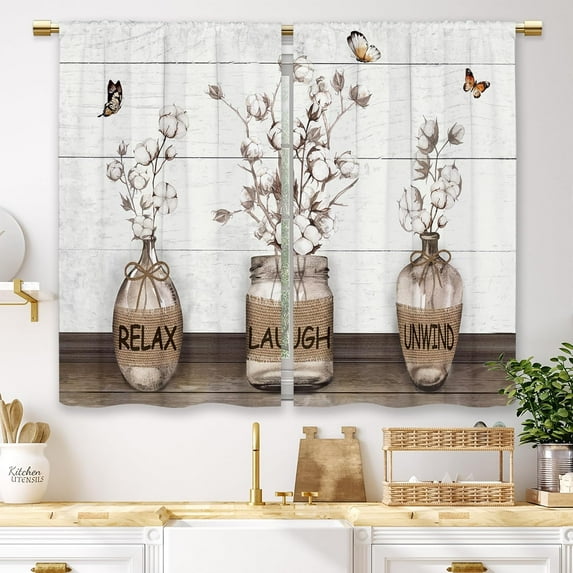 Farmhouse Rustic Kitchen Curtains Vintage Country Cotton Small Short Cafe Window Curtains Wooden Plank Retro Brown Rod Pocket Bathroom Window Drapes Treatment Curtains 2 Panels (27.5x36 Inch)
