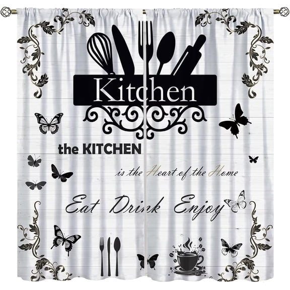Farmhouse Rustic Kitchen Curtains,Vintage Fork Spoon Cooking Theme Retro Barn Country Wooden Wood Plank Printed Rod Pocet Window Treatment for Bedroom Living Room Cafe 84" W X 84" L