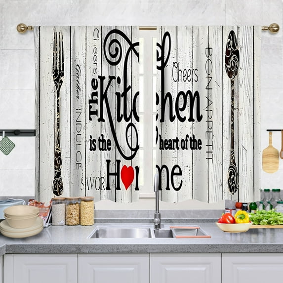 Farmhouse Rustic Kitchen Curtains Vintage Fork Spoon Retro Small Short Cafe Window Curtains Barn Country Wooden Wood Plank Rod Pocket Bathroom Tier Window Treatment Drapes (27.5x39 Inch)