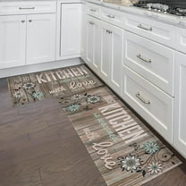 Farmhouse Rustic Kitchen Mats for Floor 2 Piece Set, Woodgrain Boho Floral Runner Area Rug Floor Mat, Abstract Daisy Brown Teal Beige Farmhouse Kitchen Decor and Accessories，17x30 and 17x47 Inches