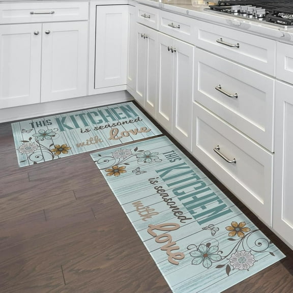 Farmhouse Rustic Kitchen Mats for Floor 2 Piece Set, Woodgrain Boho Floral Runner Area Rug Floor Mat, Abstract Flower Teal Turquoise Farmhouse Kitchen Decor and Accessories, 17x30 and 17x47 Inches
