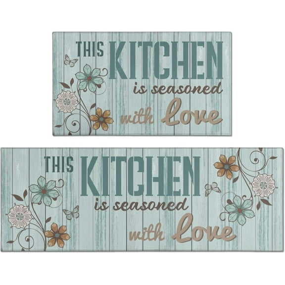 Farmhouse Rustic Kitchen Mats for Floor 2 Piece Set, Woodgrain Boho Floral Runner Area Rug Floor Mat, Abstract Flower Teal Turquoise Farmhouse Kitchen Decor and Accessories, 17x30 and 17x47 Inches