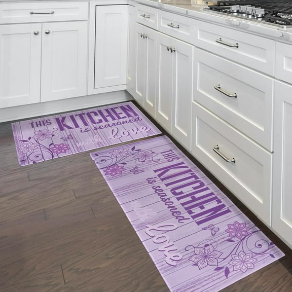 Farmhouse Rustic Kitchen Mats for Floor 2 Piece Set, Woodgrain Boho Floral Runner Area Rug Floor Mat, Abstract Lavender Purple Flower Farmhouse Kitchen Decor and Accessories, 17x30 and 17x47 Inches
