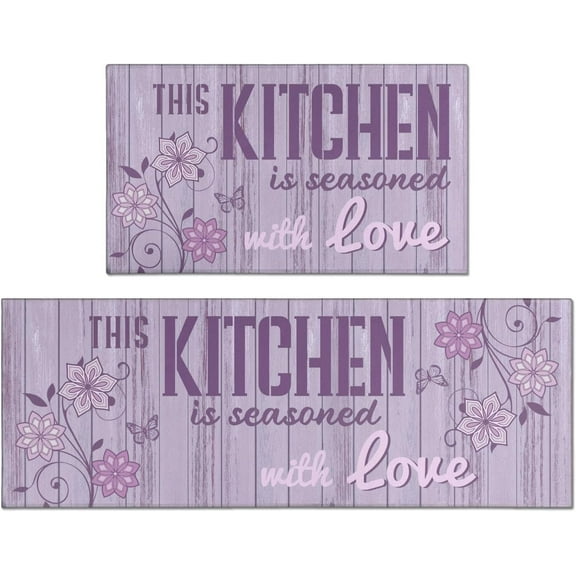 Farmhouse Rustic Kitchen Mats for Floor 2 Piece Set, Woodgrain Boho Floral Runner Area Rug Floor Mat, Abstract Lavender Purple Flower Farmhouse Kitchen Decor and Accessories, 17x30 and 17x47 Inches