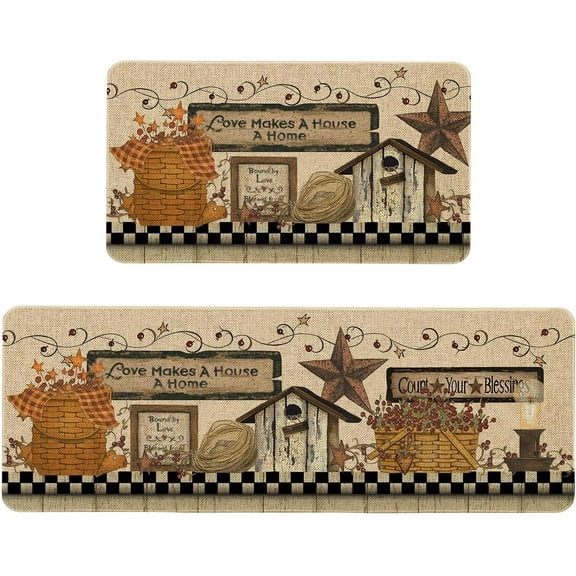 Farmhouse Rustic Kitchen Mats Set of 2 Non Slip StarKitchen Rugs for Floor Farmhouse Low-Profile Washable Home Decor Kitchen Mat 17x47 Inch and 17x29 Inch