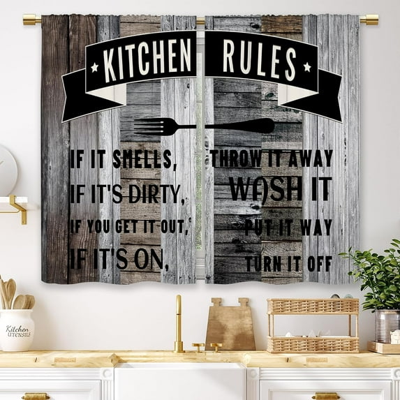 Farmhouse Rustic Kitchen Rules Kitchen Curtains Wooden Wood Small Short Cafe Window Curtains Vintage Fork Retro Plank Bathroom Living Room Bedroom Drapes Treatment 2 Panels (27.5x36 Inch)