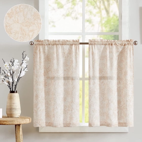 Farmhouse Rustic Linen Kitchen Curtains 45 Inch Rod Pocket 2 Panels Taupe on Beige Small Window