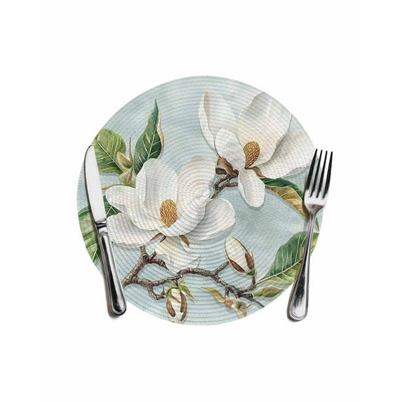 Farmhouse Rustic Magnolia Round Table Placemats 1 pc, White Green Washable Woven Place Mats for Dining Tables Kitchen Party Decor,Heat Proof, 13in,