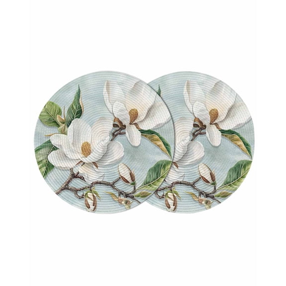 Farmhouse Rustic Magnolia Round Table Placemats set of 2, White Green Washable Woven Place Mats for Dining Tables Kitchen Party Decor,Heat Proof, 15in,
