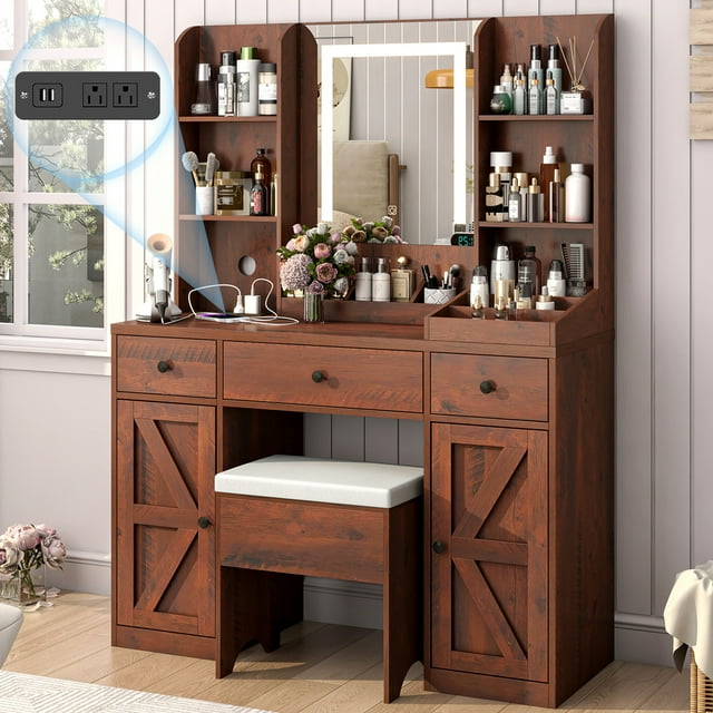 "Farmhouse 43"" Vanity Desk Set with LED Light Mirror, Charging Station, 3 Drawers, 2