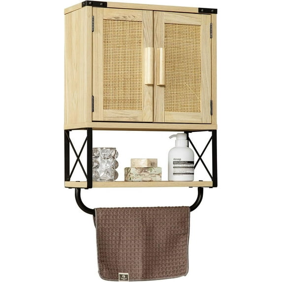 Farmhouse Rustic Medicine Cabinet with Two Barn Door, Boho Wood Wall Mounted Storage Cabinet with Adjustable Shelf and Towel Bar, 3-Tier Cabinet for Bathroom, Living Room(Rattan)