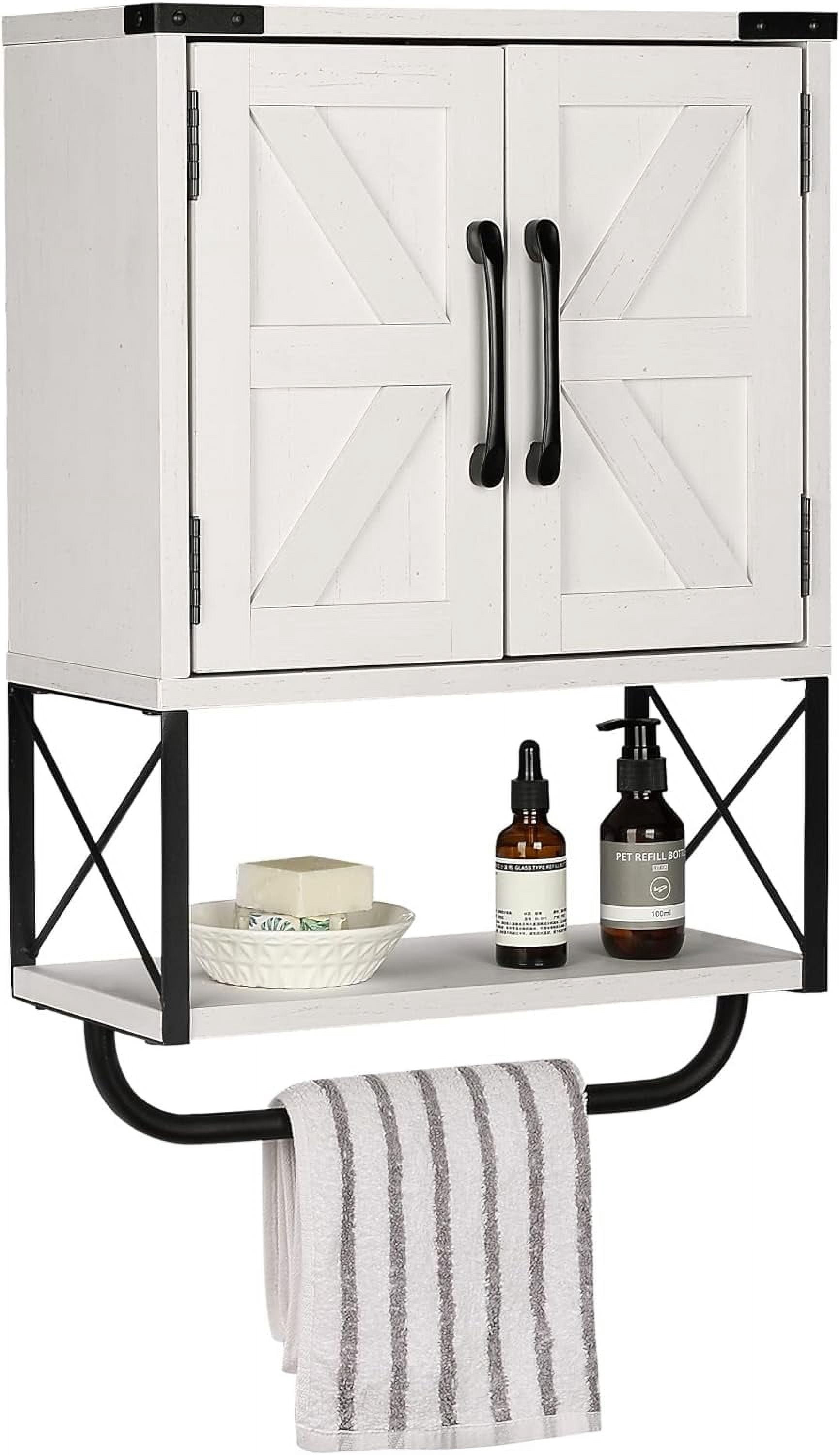 Farmhouse Rustic Medicine Cabinet with Two Barn Door,Wood Wall Mounted Storage Cabinet with Adjustable Shelf and Towel Bar, 3-Tier Cabinet for Bathroom, Living Room(Washed Oak)