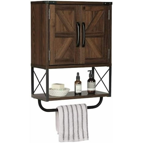 Farmhouse Rustic Medicine Cabinet with Two Barn Door,Wood Wall Mounted Storage Cabinet with Adjustable Shelf and Towel Bar, 3-Tier Cabinet for Bathroom(Dark Walnut)