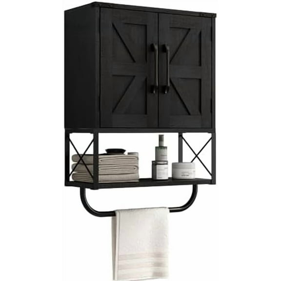 Farmhouse Rustic Medicine Cabinet with Two Barn Door,Wood Wall Mounted Storage Cabinet with Adjustable Shelf and Towel Bar, 3-Tier Cabinet for Bathroom, Living Room(Black)