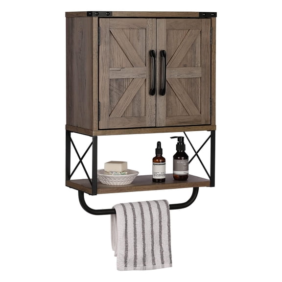 Farmhouse Rustic Medicine Cabinet with Two Barn Door,Wood Wall Mounted Storage Cabinet with Adjustable Shelf and Towel Bar, 3-Tier Cabinet for Bathroom, Living Room(Vintage White)