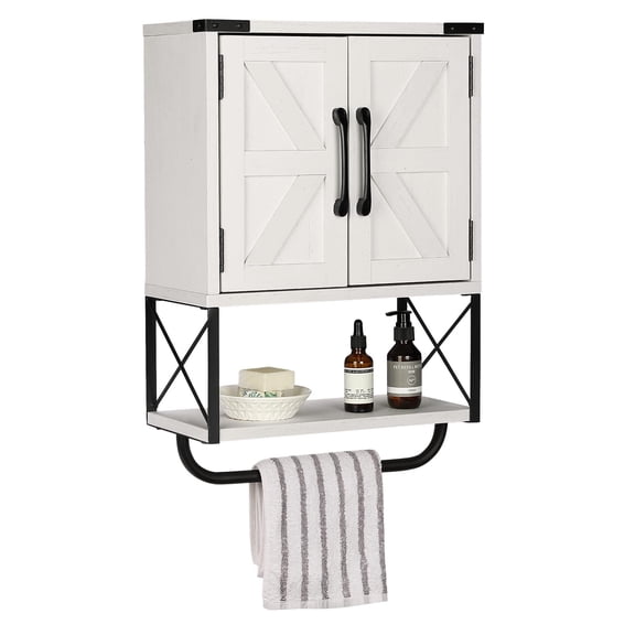 Farmhouse Rustic Medicine Cabinet with Two Barn Door,Wood Wall Mounted Storage Cabinet with Adjustable Shelf and Towel Bar, 3-Tier Cabinet for Bathroom, Living Room(Vintage White)