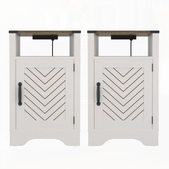 Farmhouse Rustic Nightstand 2-Pack with Charging Station - White & Oak