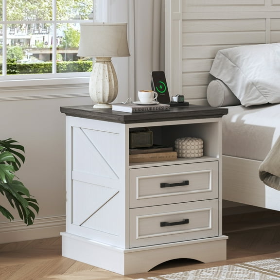Lifezone 24” Farmhouse Rustic Nightstand - Antique White, Charging Station, Drawers & Open Storage