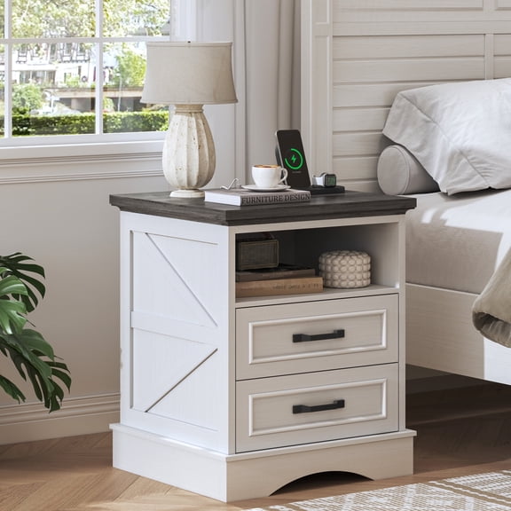 Lifezone 24” Farmhouse Rustic Nightstand with Charging Station, Drawers & Open Storage, Antique White