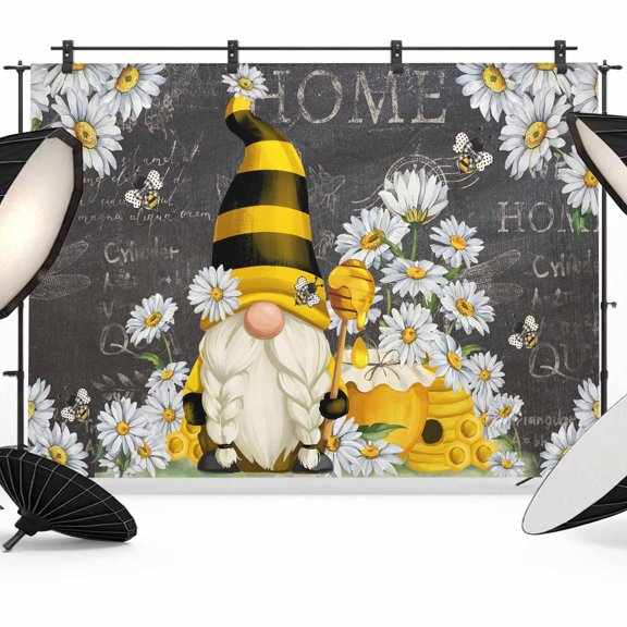 Farmhouse Rustic Photography Backdrop 7x5FT, Gnome Daisy Bee Retro Black Background Photo Backdrops, Background for Photography Studio Photo Studio Background, Back Drop for Photoshoot
