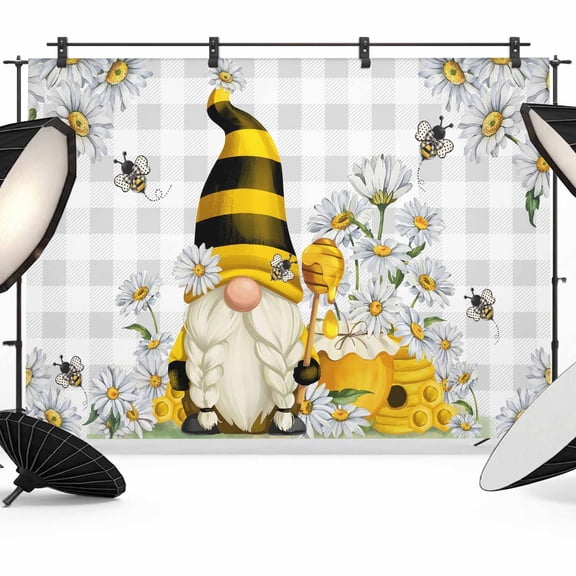 Farmhouse Rustic Photography Backdrop 7x5FT, Gnome Daisy Floral Bee Retro Grey Plaid Photo Backdrops, Background for Photography Studio Photo Studio Background, Back Drop for Photoshoot