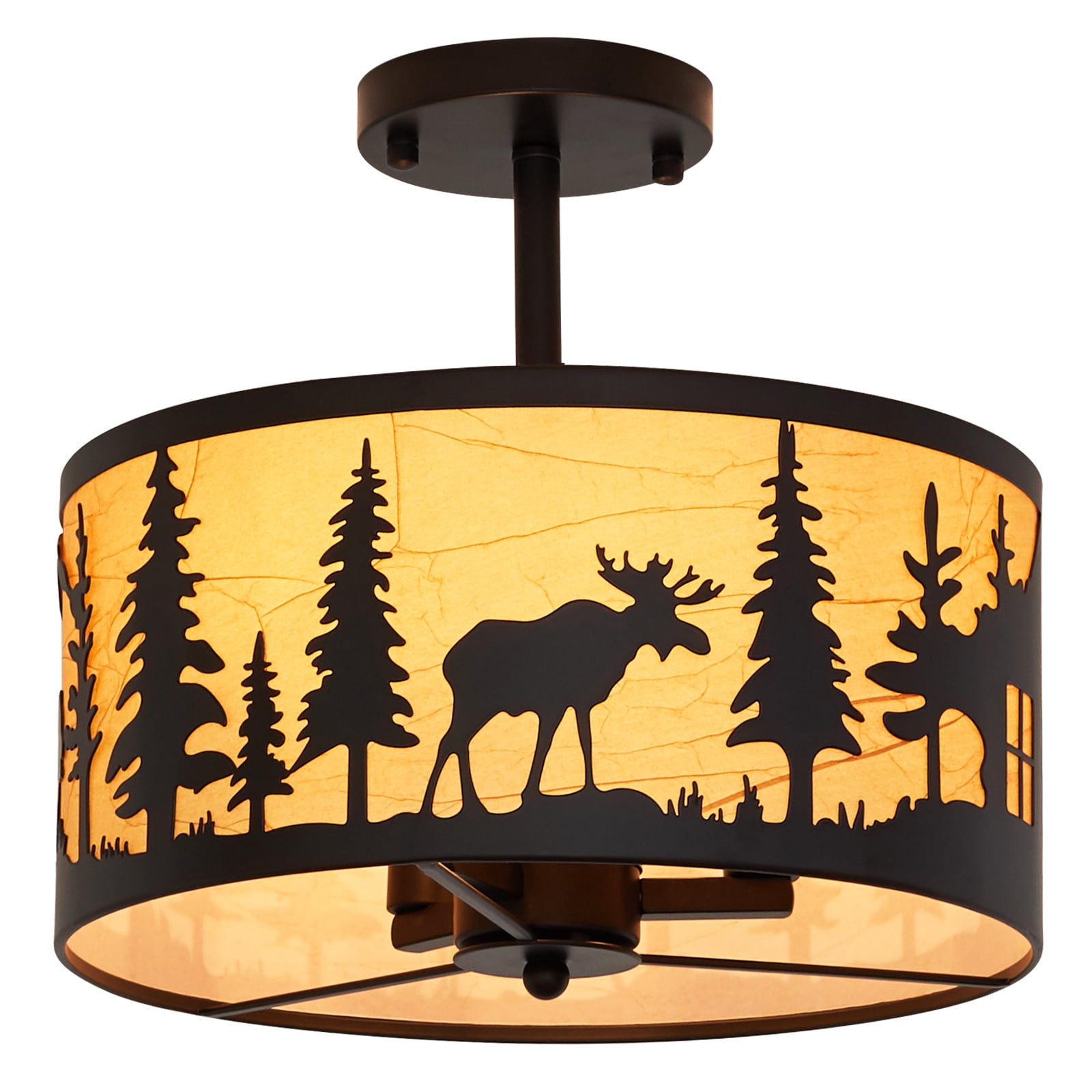 Farmhouse Rustic Semi-Flush Mount Ceiling Light Fixture with Parchment Lampshade, 3-Light E12 Base Black Round Metal Light Fixtures for Kitchen, Bedroom, Foyer, Living Room, Industrial Vintage Style