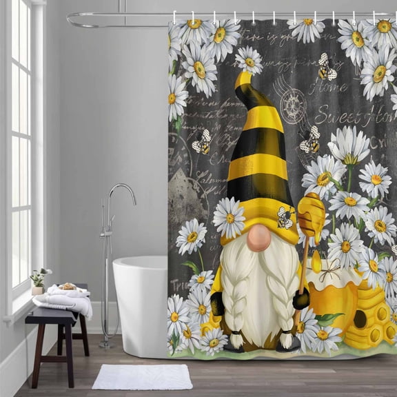 Farmhouse Rustic Shower Curtain for Bathroom Decor, Gnome Daisy Bee Retro Black Background Waterproof Fabric Shower Curtain, 36"x72" Set with 12 Hooks
