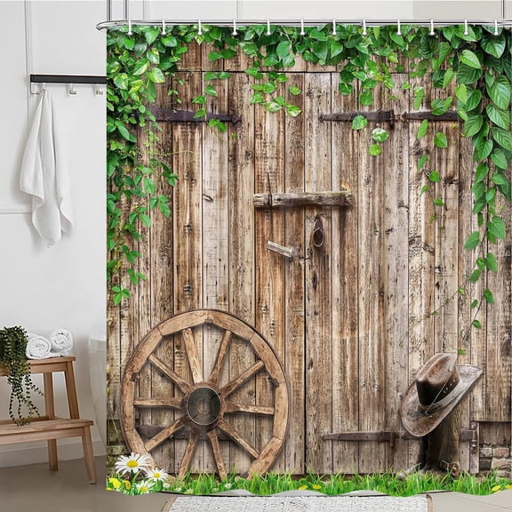 Farmhouse Rustic Shower Curtain, Brown Barn Door Wood Bathroom Shower Curtain Sets, Western Native Shower Curtains, Farm Wooden Waterproof Fabric Bathroom Decor With Hooks 70x75 inch