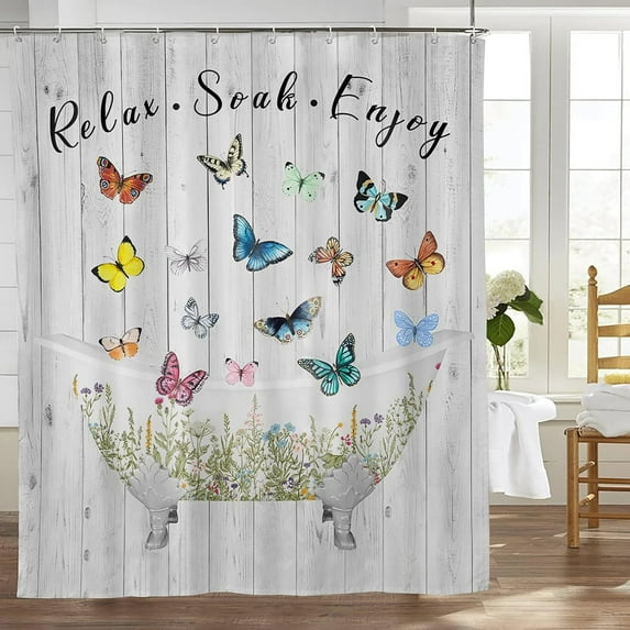 Farmhouse Rustic Shower Curtain Colorful Butterfly Floral Bathtub Shower Curtains for Bathroom Country Flower Relax Soak Waterproof Polyester Fabric Bathroom Decor Curtain with Hooks 72x72 Inches