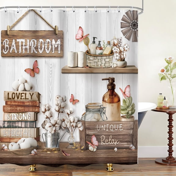 Farmhouse Rustic Shower Curtain with Hooks, Wooden Plank Butterfly Floral Bathroom Curtain, Western Country Inspirational Quote Waterproof Fabric Decor, 72 x 72 Inch