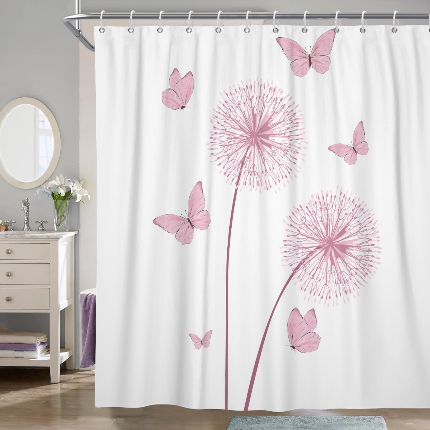Farmhouse Rustic Shower Curtain ,Pretty Butterfly Dandelion Bathroom Decor Curtain，72x72inch