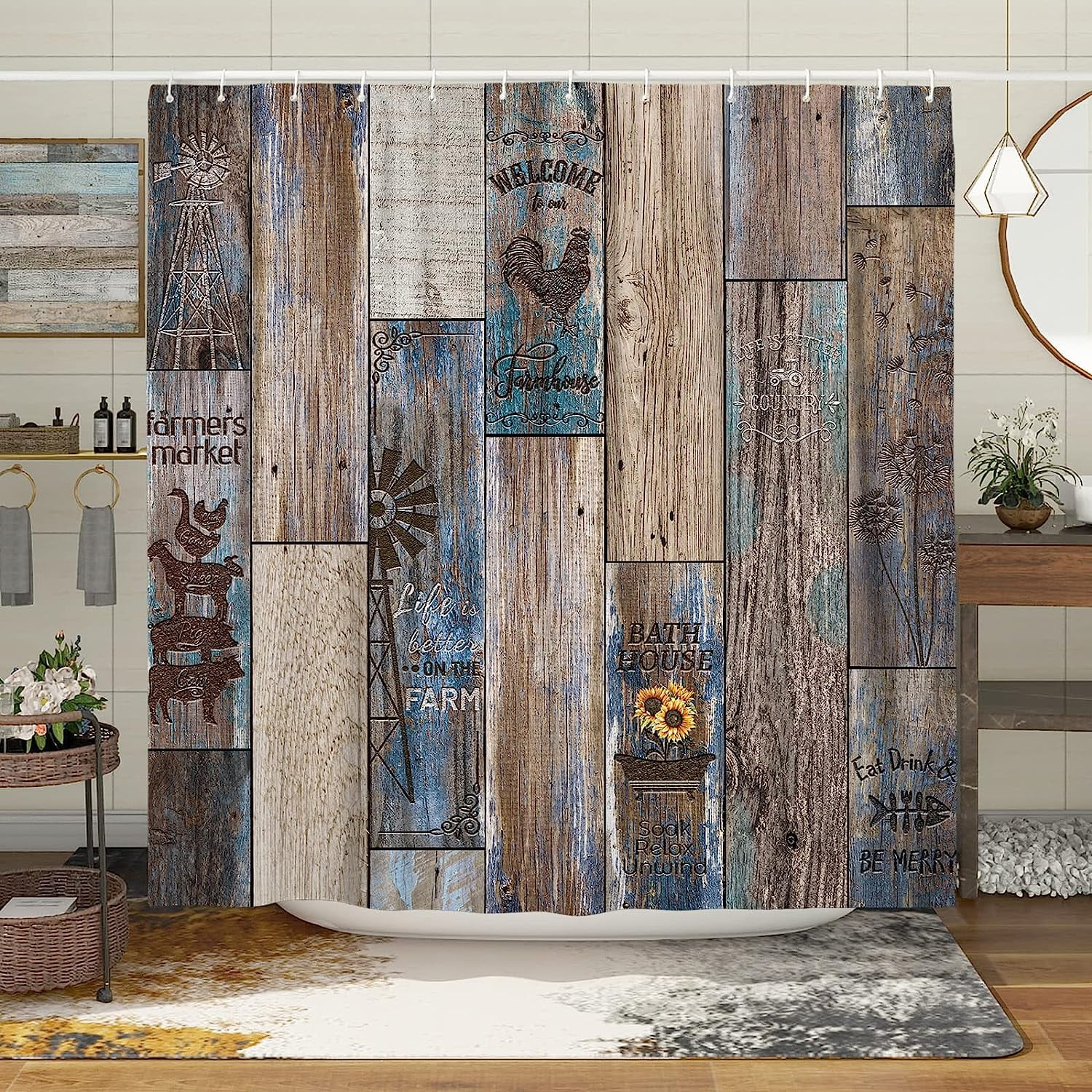Farmhouse Rustic Shower Curtain Set Brown Country Shower Curtains for